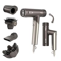 Shark SpeedStyle Pro FLEX Hair Dryer, High Performance High-Velocity Hair-Dryer w/ 4 Styling Attachments, Lightweight, Ionic, No Heat Damage, Folding Handle, For All Hair Types, Mocha Silver HD542UK