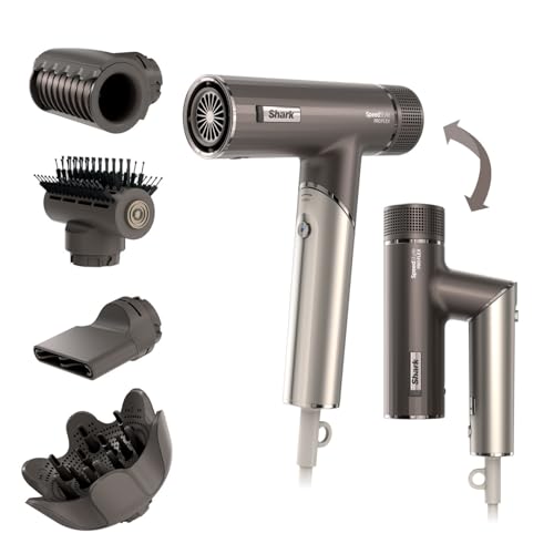 Shark SpeedStyle Pro FLEX Hair Dryer High Performance High-Velocity Hair-Dryer w/ 4 Styling Attachments Lightweight Ionic No Heat Damage Folding Handle For All Hair Types Mocha Silver HD542UK