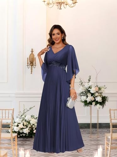 Women's 3/4 Sleeve Ruffles Mother of The Bride Dresses Lace Applique Pleated Formal Party Dress DE5692