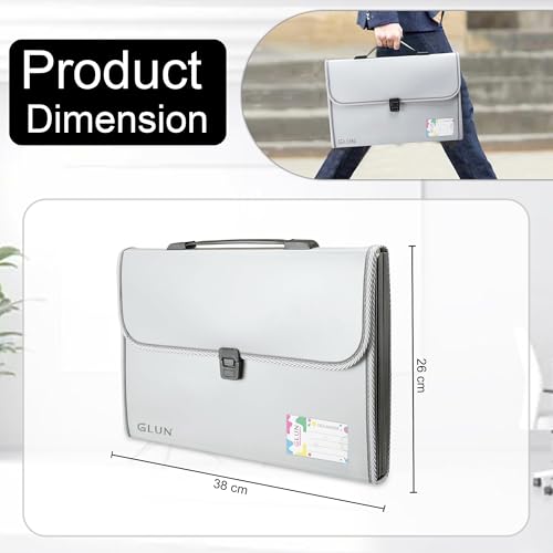 Image of GLUN Expanding File Folder A4 Size, 13 Pockets with Handle & Buckle Lock, Portable Document Storage Organiser for Office Use (Grey)