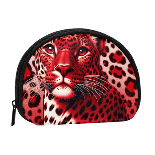 Portable Coin Purse Red-Leopard-Print Mini Zippered Money Pouch Card Holder