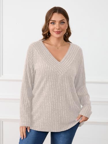 BELAROI Plus Size Tops for Women Fall Casual Tunic Shirts Lightweight V Neck Pullover Long Sleeve Blouse3