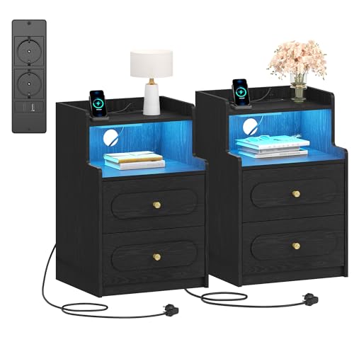 HEXCELEN Table de Chevet Lot de 2 avec Lumière LED et Multiprise, Table de Nuit avec 2 Tiroirs et 1 Compartiment Ouvert, Tables d'appoint avec Rangement, pour...