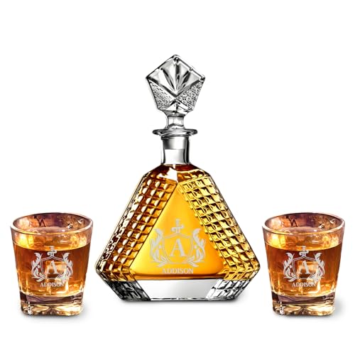 Personalized Triangle Whiskey Decanter Set for Men 650ml Luxury Gift for Groomsman, Liquor Decanters with 2 or 4 Glasses for Birthday, Retirement, Weddings - 24 Engraved Design Options