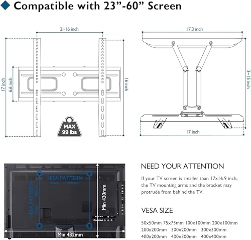Image of BONTEC Full Motion TV Wall Mount for 23-70 Inch TVs, Hold up to 99 lbs, Max VESA 400x400mm, Swivel Tilt Dual Arms, Adjustable Viewing Angle, Fits 16 inch Wood Studs, Easy Assembly