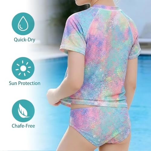 Image of Girls Two Piece Swimsuits Short Sleeve Rash Guard Swim Shirt Bikini Bottom Swim Set Bathing Swim Set Swimwear 3-16 Years