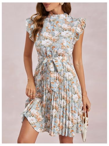 Image of Milumia Women's Floral Print Ruffle Cap Sleeve Short Dress Belted Pleated Casual Dresses