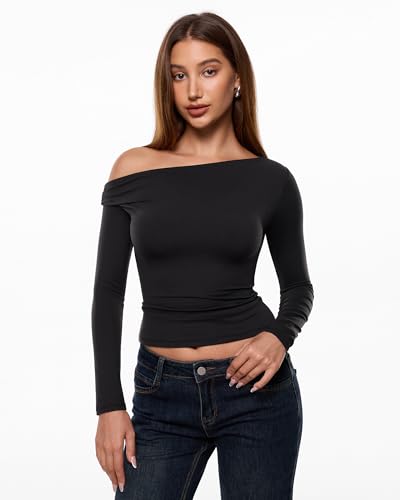 Image of INLYRIC Women's Inbarely Seasons Off The Shoulder Double Lined Long Sleeve Tops Going Out Slim Fitted Sexy T-Shirts