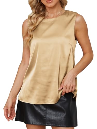 Womens Silk Satin Tank Tops Crew Neck Casual Cami Sleeveless Camisole Blouses Summer Tank Shirt Back Closure4