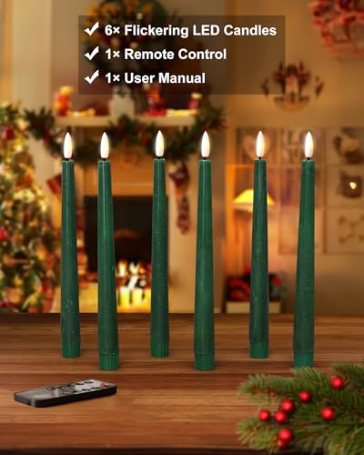 Image of Stmarry Green Flameless Taper Candles with Remote and Timer, 9.65 Inch Real Wax LED Candlesticks, Dripless Battery Operated Tall Candles with 3D Flickering Flame, 6 Pack