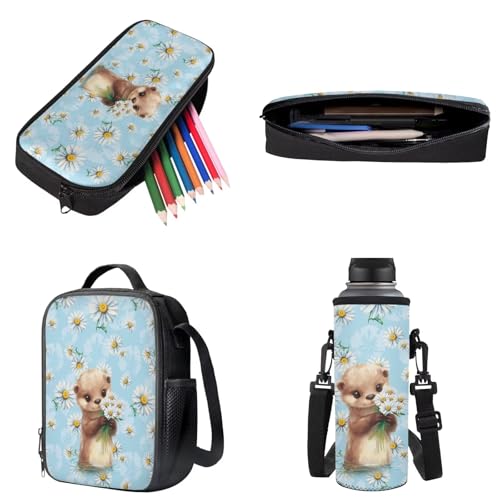 Xoenoiee Otter Daisy Flower Pattern Kids School Backpack 4Pcs Bundle with Insulated Lunch Box, Water Bottle Pouch, Pencil Case Back to School Supplies3