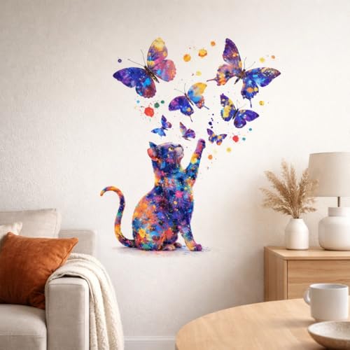 Image of Rangoli Colorful Cat Butterfly Wall Sticker 16 x 18.5 Inch Abstract Paint Splash Design Self Adhesive Wall Decor for Living Room Bedroom Kids Room Modern Wall Art