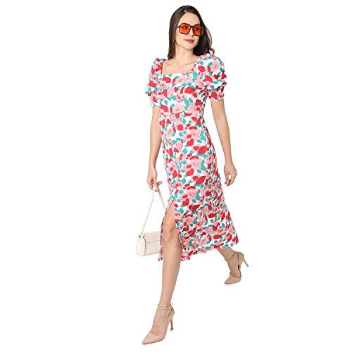 Image of PINACOLADA Women White & Pink Floral Printed Knee Length Casual Dress