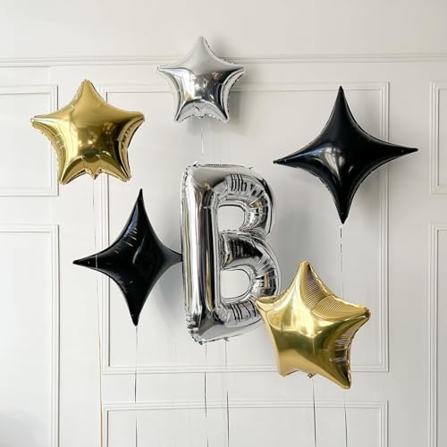 Image of Black Star Balloons,12Pcs Four Angle Star Foil Balloons | 26Inch and 10Inch Black Quadrangle Star Helium Balloon for Birthday Halloween Graduations New Year Party Decorations