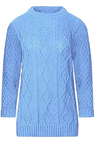 Image of STAR FASHION Cable Knitted Crew Neck Jumper Long Sleeve Womens Aran Knit Jumpers Sweater Pullover Top Sky Blue XL