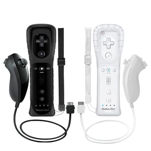 Dliaonew 2 Psck Remote Controller Build in Motion Plus and Nunchuck for Wii/Wii U, Gamepad with Silicone Case and Wrist (Black and White)