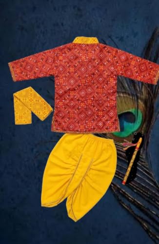 Image of Boys Krishna Costume Kurta Dhoti Set, Yellow Bandhani Print