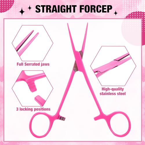 Image of BBTO Hemostat Curved and Straight Hemostat Forceps Piercing Pliers Forceps, Stainless Steel Straight and Curved Pliers, Fishing Tweezer(Pink,2 Pcs)