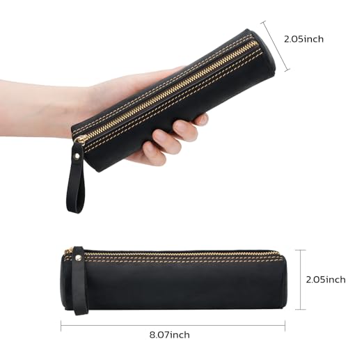 Image of ECHSRT Genuine Leather Pencil Pouch, Classic Cylinder Pen Bag - Black | Full-Grain Cowhide Leather, Crazy Horse Finish, Single Zipper, Vintage Pen Organizer for Adults