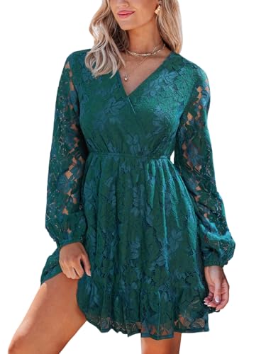 Long Lace Sleeve Dress for Women Elegant Floral Mini Dresses for Wedding Guest Peasant Sleeves V Neck Party