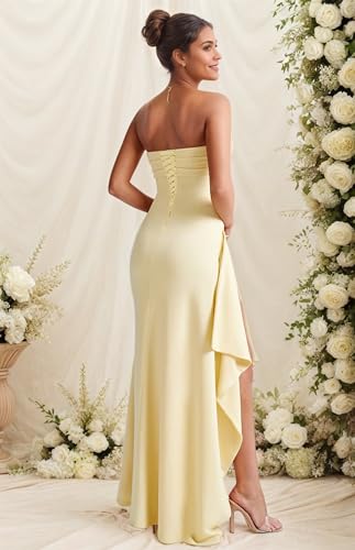 Long Prom Dresses for Women Strapless Corset Bridesmaid Dresses Satin Ruffle Formal Evening Party Gowns with Slit2