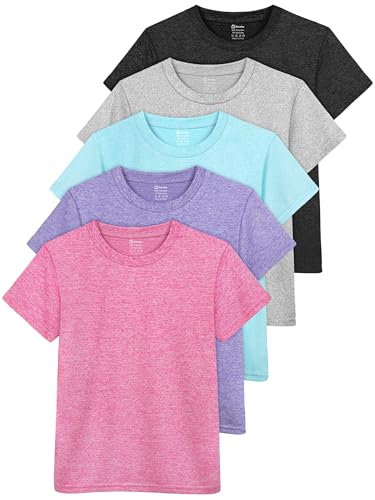 Poroka 5 Pack Girls Athletic Shirts Short Sleeve Dry Fit T-Shirts Crew Neck Active Activewear Sports Tees Tops for Kids