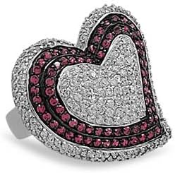 Rhodium Plated CZ Heart Ring Rhodium plated sterling silver heart shape ring with clear and red CZs. There are a total of 260 2mm CZs in the heart. The heart measures 30mm and the band measures 4mm. This ring is available in whole sizes 6-9. .925 Sterling Silver