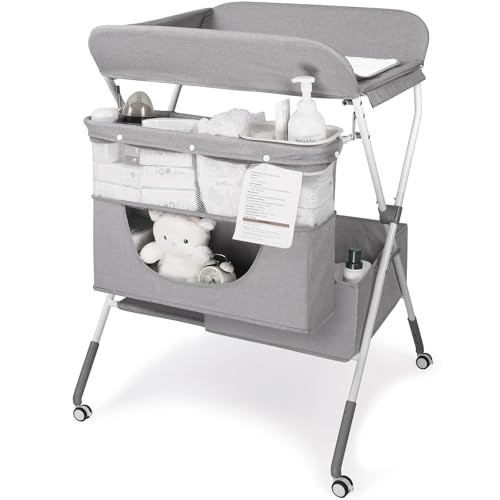 Image of Changing Table, Portable Baby Changing Table with Adjustable Height - Foldable Changing Station with Nappy Mats, Baby Pots, Locking Wheels, Safety Belt & Large Storage, Ideal for Newborn and Infants
