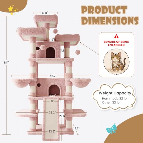 Image of SHA CERLIN 81 Inches Extra Large Cat Tree for Indoor Adult Cats /XXL Big Cat Tower with Condo /Cozy Perches /Sisal Scratching Posts and Hammocks /Activity Center /F80 /Heavy Duty /Pink
