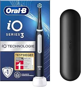 Oral-B Wiederaufladbare elektrische Zahnbürste iO 3 Schwarz, 1 elektrische Zahnbürste, 1 Ersatzkopf, Reiseetui + Zahnpasta Oral-B Advanced Zahnfleischschutz, effektive Zahnreinigung