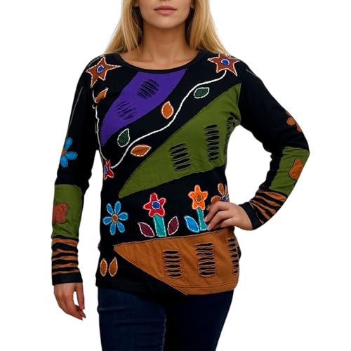 Agan Traders 2025 Winter Rib Knit Cotton Bohemian Tops for Women - Funky Patch Retro Hand Embroidered Blouse T-Shirts (252 RB, XL, M2)