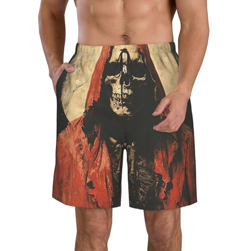 Mens Swim Trunks Board Shorts Quick Dry Shorts with Pockets - Grim Reaper Skeleton Horror Retro Art