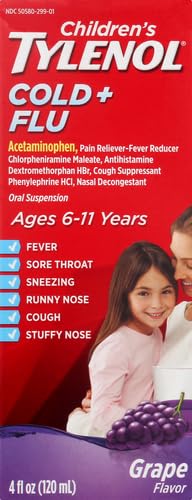 Image of Tylenol Children's Cold & Flu Liquid Oral Suspension Kids' Cold & Flu Medicine, Pain Reliever, Fever Reducer, Cough Suppressant & Decongestant, Grape Flavor, 4 fl. oz (Pack of 4)