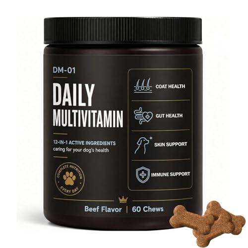DM-01 Daily Multivitamin Soft Chews for Dogs with Salmon Oil Glucosamine HCl Chondroitin B Vitamins & Folic Acid Skin & Coat Joint Digestive & Immune Support Beef Flavor 60 Soft Chews