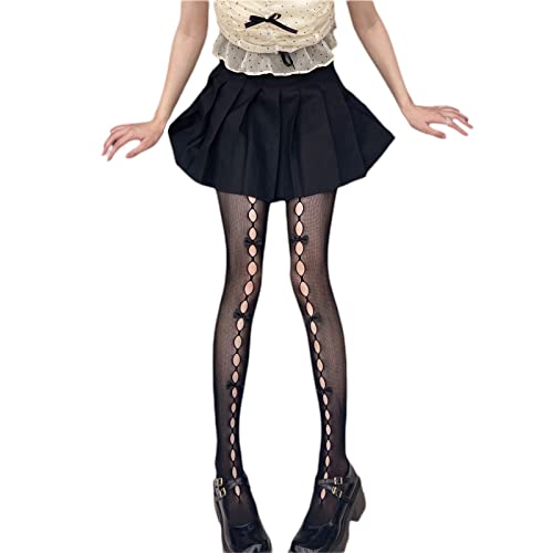 Image of SOLILOQUY Women Y2K Lolita Sheer Tights Bow Knot High Waist Footed Pantyhose Stockings See-Through Stretchy Leggings