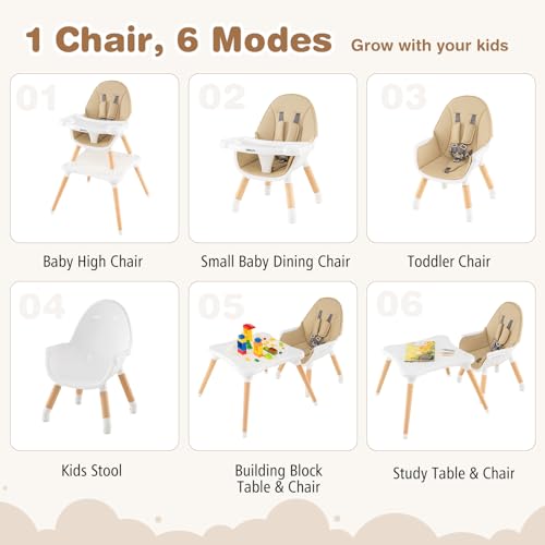 baby joy 6 in 1 high chair convertible high chairs for babies and toddlersbooster seattable and chair set infant wooden highchair w 5-point harness 4-position removable tray amp pu cushion khaki