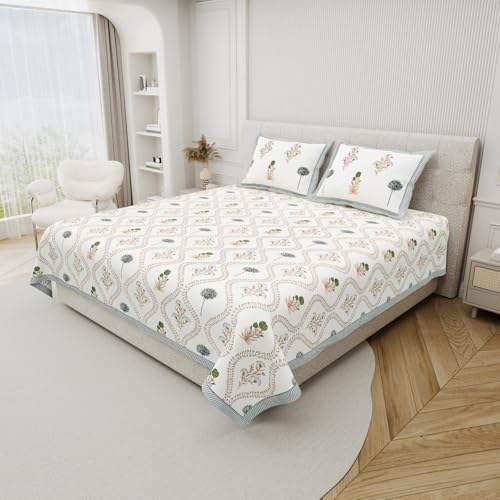 Image of DE CAMA Since 1997 | 100% Cotton 300 TC Premium Super King Size Bedsheet for Double Bed (108 x 108 Inch) with 2 Pillow Covers Set (17 x 27 Inch) Hand Block Printed Bedsheet Set - Urbana White
