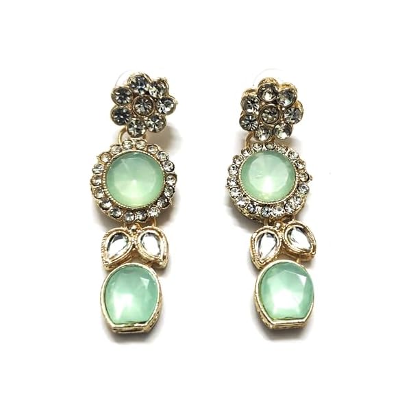 SHARVARI IMITATION JEWELLERY sea green kundan necklace set with studded earrings and maangtika - Image 5