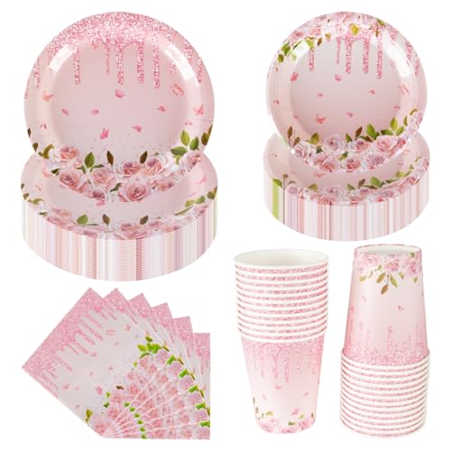 CEILIWEN Set da tavola per festa, 100 pezzi, piatti di carta per tè, bicchieri e tovaglioli, forniture per festa rosa pastello, per 25 ospiti