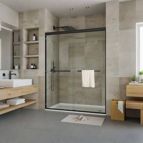Image of Semi-Frameless Double Sliding Shower Door, Adjustable Width 56-60 inch W x 72 inch H, 6mm (1 /4 inch) Tempered Glass, Matte Black Finish, Bypass Design for Walk-in Shower & Bathroom