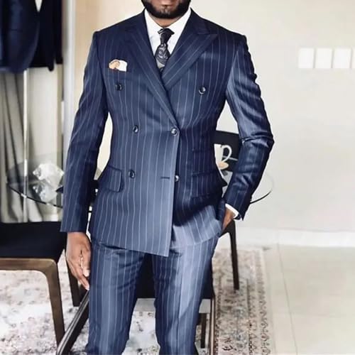 Mens Striped Male Suit Formal Casual Wedding 2 Pieces Business Peak Lapel Double Breasted Blazer with Pants2