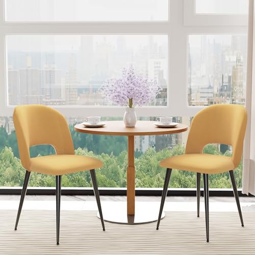PIPIPOXER Lot de 2 chaises de Salle à Manger ou Salon, avec Dossier, Assise en Tissu Velours et Pieds en métal, pour Salle à Manger, Salon,Jaune