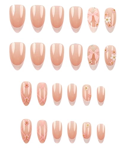 24 Pcs Press Ons Nails, Stick On Nails Kit with Elegant White Edge Design, Almond Shape False Nails for Women, Easy to Apply & Reusable Artificial Nails for Weddings