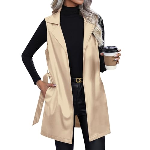 FUPODD Leder Weste Damen Lang Lederjacke Damen Ärmellos Kunstlederweste Revers Ledermantel Motorradweste Mit Gürtel Übergangsjacke Mantel Winter Herbstjacke Frauen Damen-Westen Casual Trenchcoat