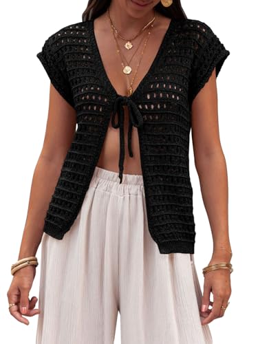 Saodimallsu Womens Tie Crochet Shrug Short Sleeve Open Front Lightweight Knit Cropped Cardigan Sweaters Cover Up