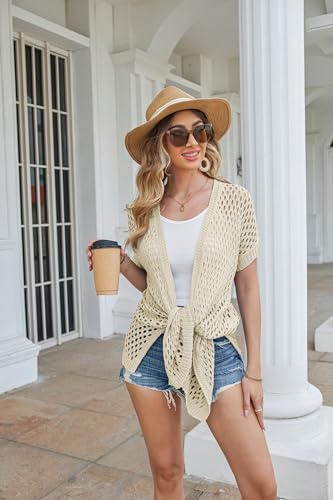 GRACE KARIN Mesh Cardigan Sweaters for Women Crochet Short Sleeve Open-Front Long Cardigan Cover ups Knitted Sheer Tops2