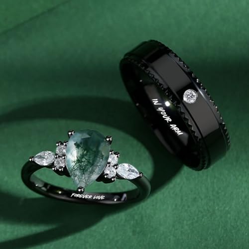 Customizable Engravable Black and Moss Stone Couples' Rings - Pear-Cut Women's Ring - Personalized His and Her Matching Unique Jewelry - Ideal for Couples4