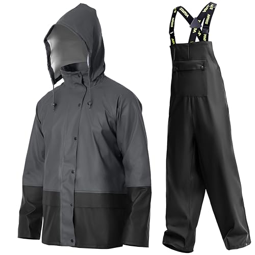 Image of Men's PRO Workwear 3-Piece Waterproof PU Rain Suit - Heavy Duty Hooded Jacket & Bib Pants for Outdoor Work, Sea Fishing