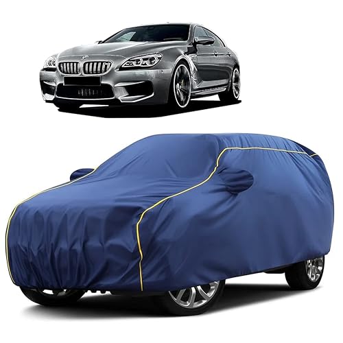 Image of Sulfar 100% Water Resistant Car Body Cover Compatible with Mirror for BMW M6 (Triple Stitched, Full Bottom Elastic, Blue Taffeta with Yellow Piping)