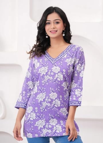 Image of Women's Floral Print Tunic Top, 3 /4 Sleeve, V-Neck, Casual Wear